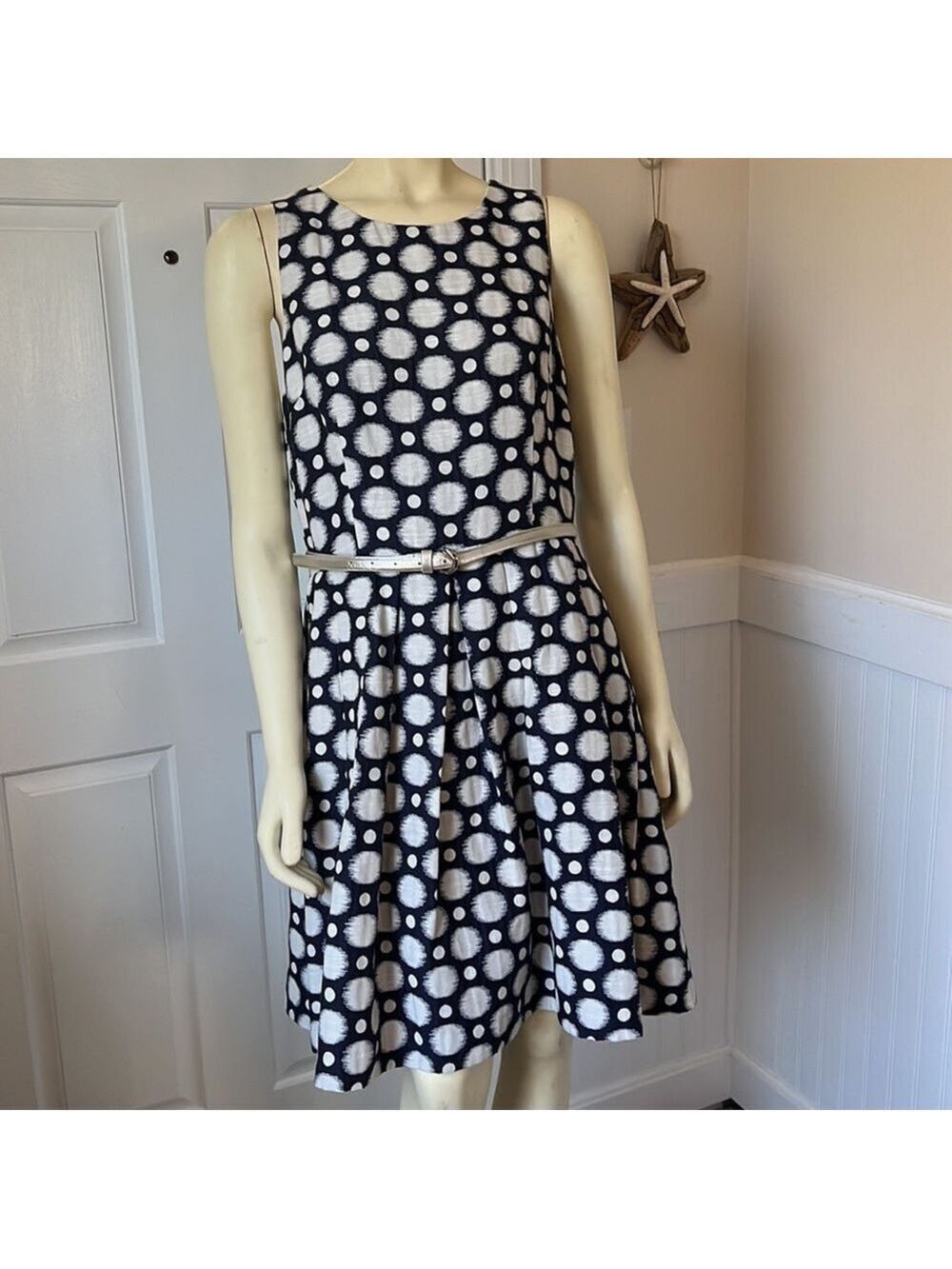 Eliza J | Dresses | Eliza J Navy Blue White Polkadot Fit Flare Sleeveless Dress 2